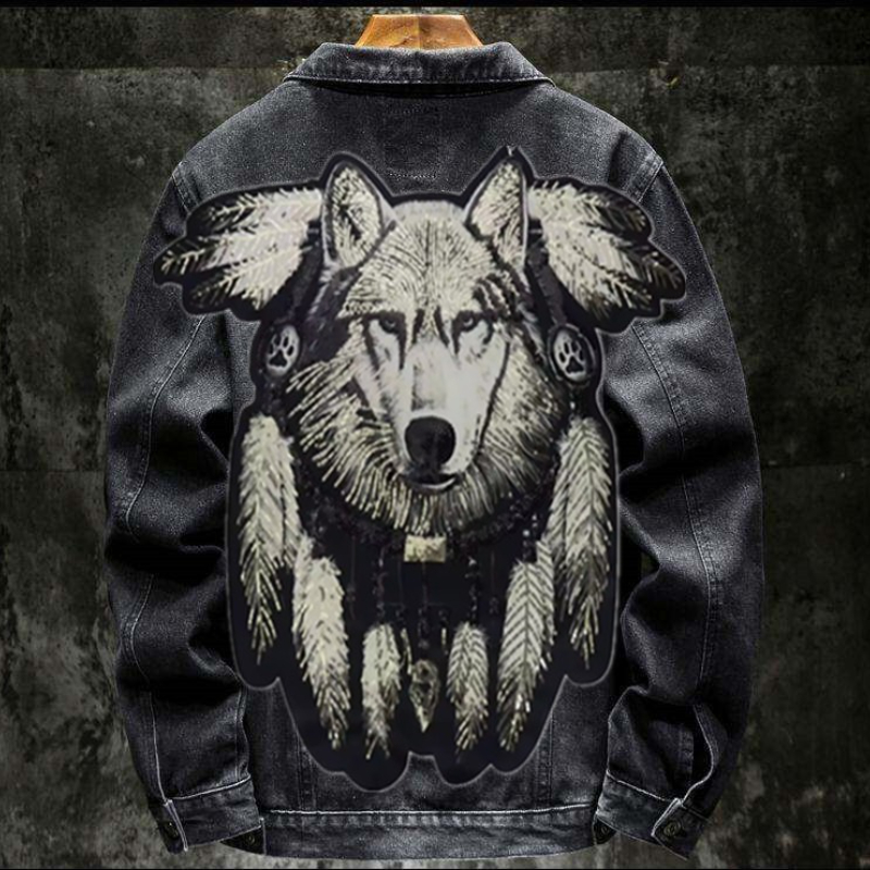 Mens Fashion Denim Jacket - America Vintage Heavy Wolf Embroidered Patch