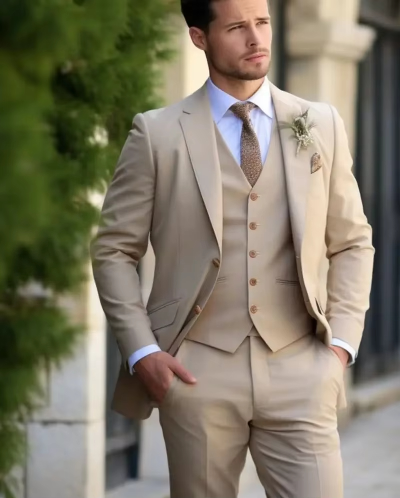 Slim Fit Blazer Men - khaki Elegant Men Suits Smart Casual