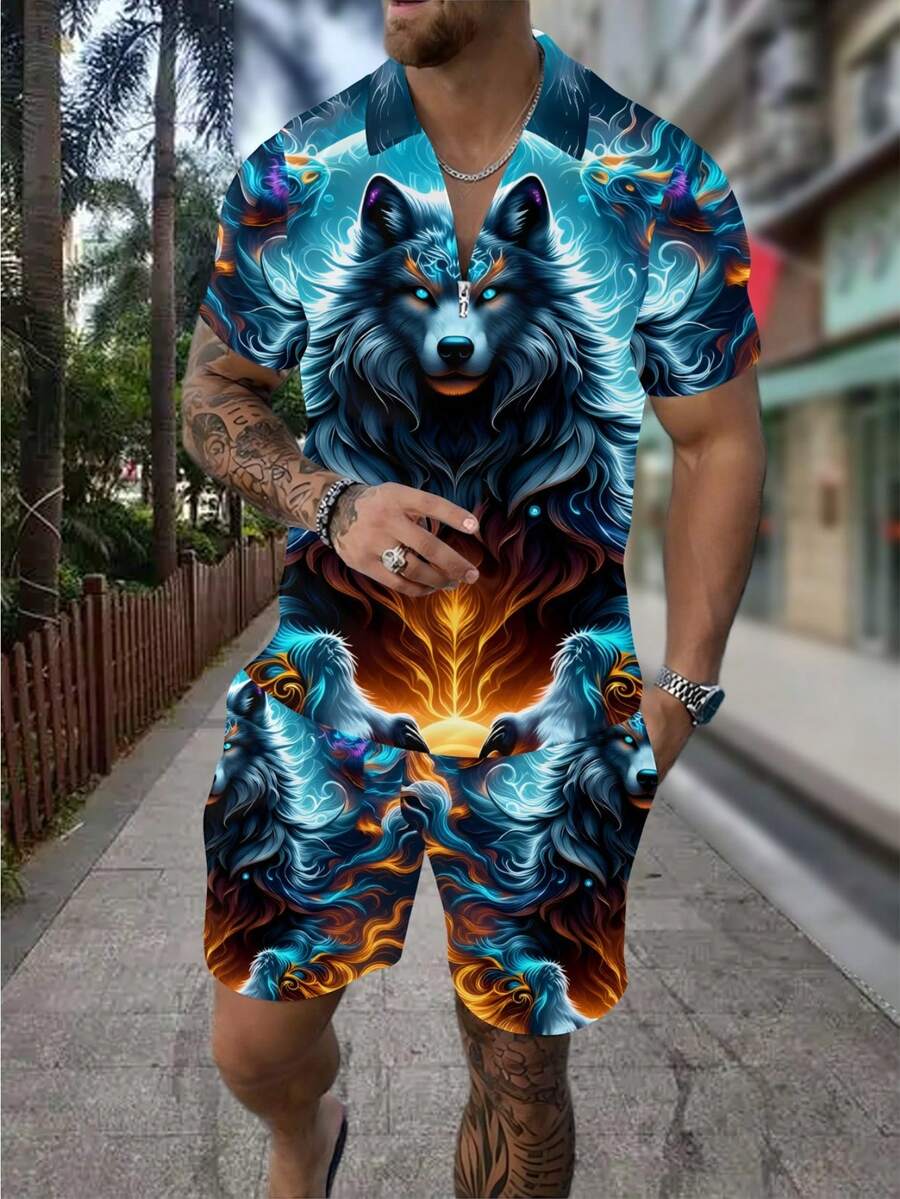 Men's Fashion 3D Wolf Print Zi - Men'S Fashion Polo Shirt ulasan dan harga