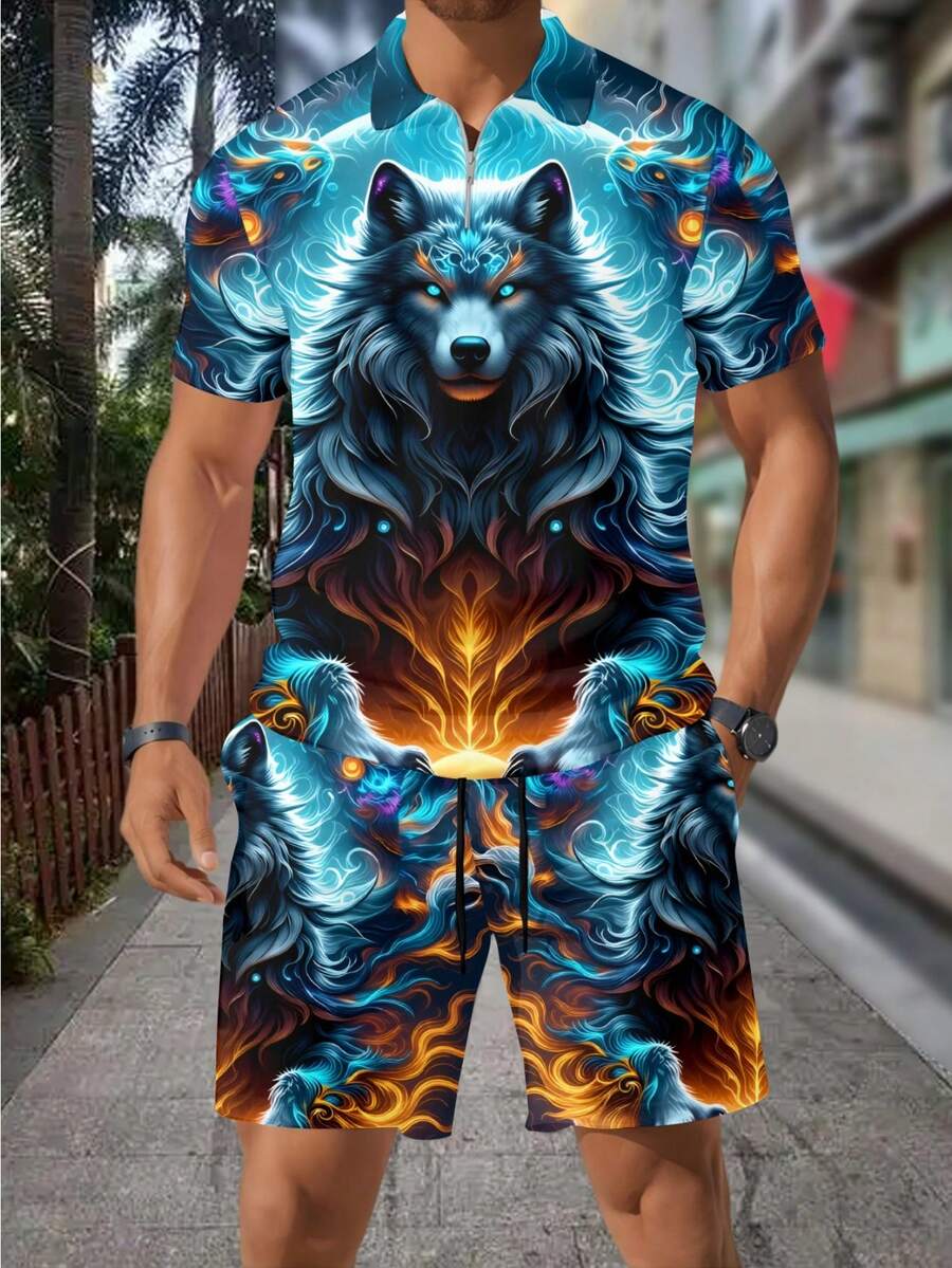 Men's Fashion 3D Wolf Print Zi - Men'S Fashion Polo Shirt ulasan dan harga