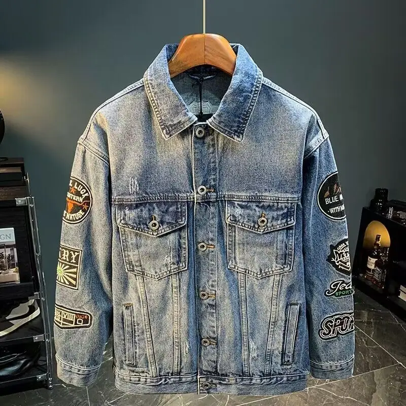 Men High Street Embroidery Pat - Mens Fashion Denim Jacket ulasan dan harga