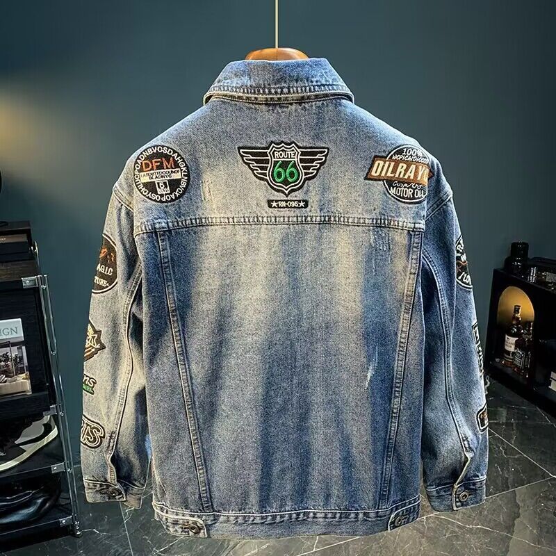 Men High Street Embroidery Pat - Mens Fashion Denim Jacket ulasan dan harga