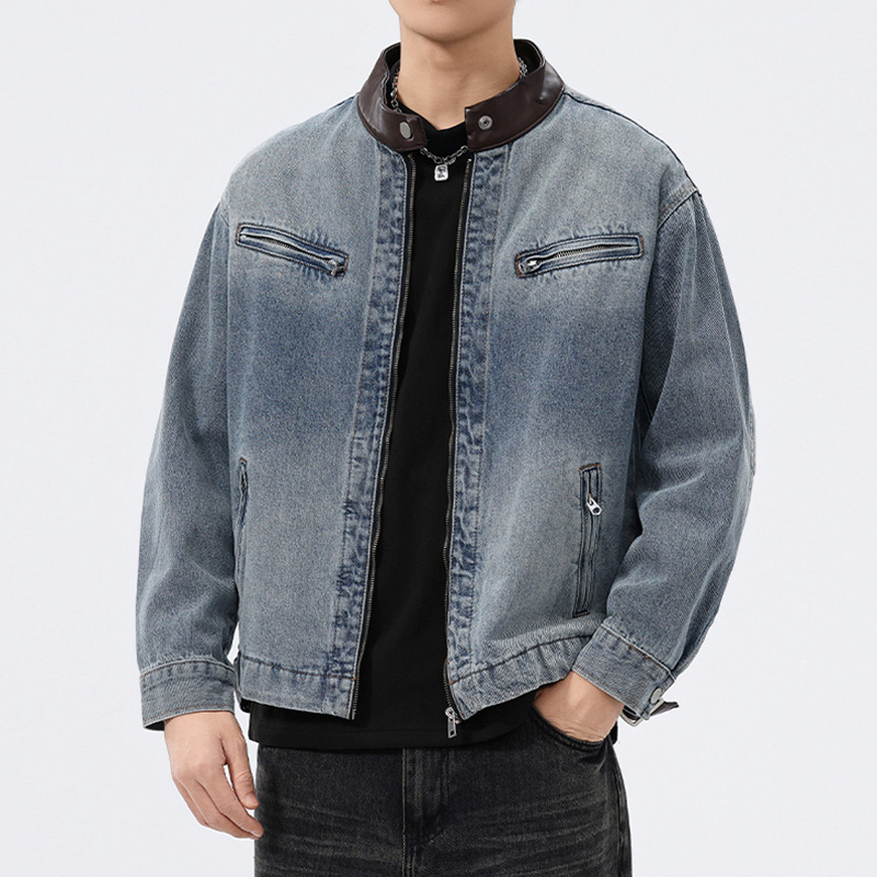 Stand Leather Collar Denim Jac - Mens Fashion Denim Jacket ulasan dan harga