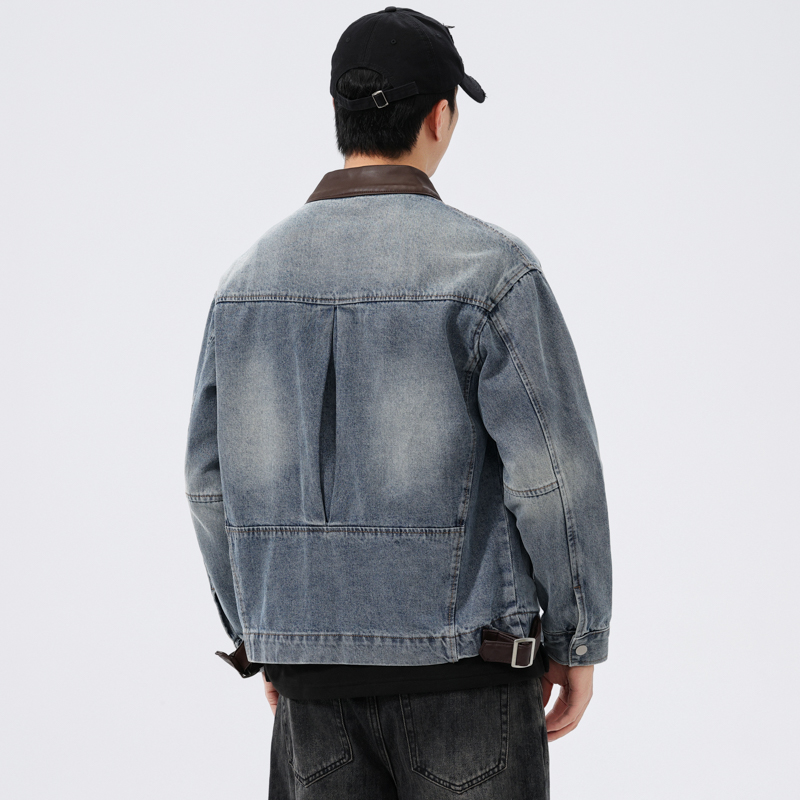 Stand Leather Collar Denim Jac - Mens Fashion Denim Jacket ulasan dan harga