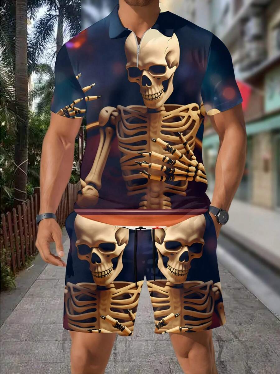 3D Skull Skeleton Bullet Print - Men'S Fashion Polo Shirt ulasan dan harga