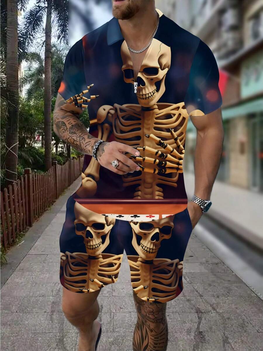 3D Skull Skeleton Bullet Print - Men'S Fashion Polo Shirt ulasan dan harga