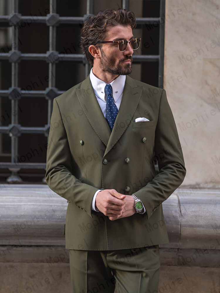 Olive Green Men Suits Double B - Slim Fit Blazer Men ulasan dan harga